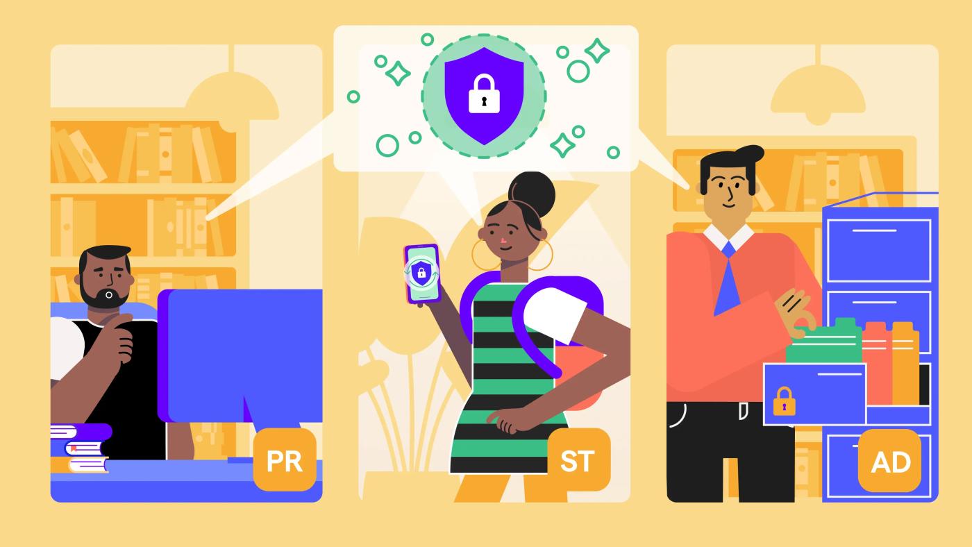 Illustration of professor, student, and administrator engaging with adaptive security awareness training for academia.