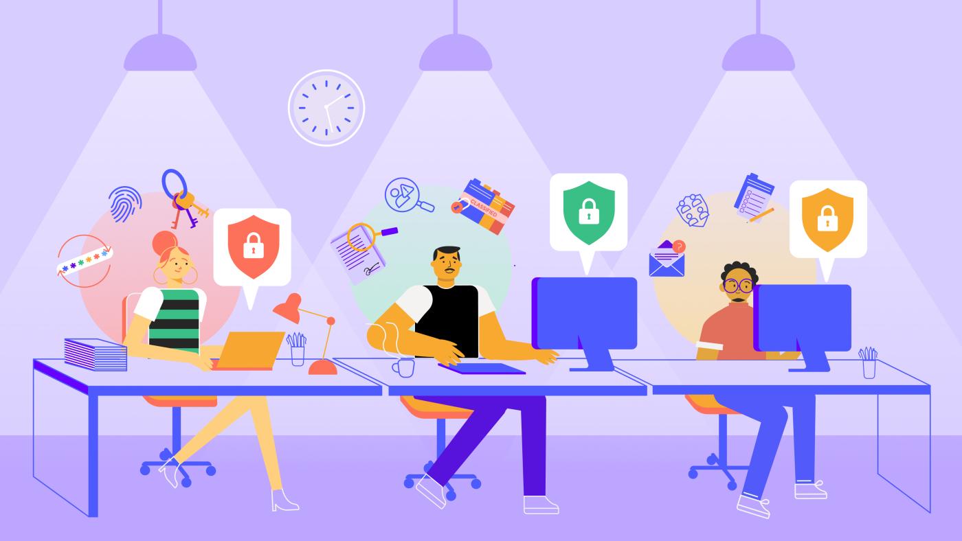 Illustration of employees receiving adaptive security awareness training at their desks with icons of cybersecure practices.