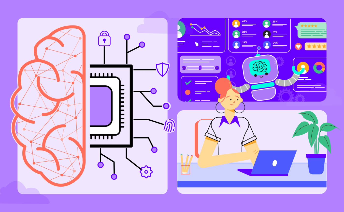 Human risk management depicted with a brain-chip connection, analytics, adaptive security training, and a professional user.