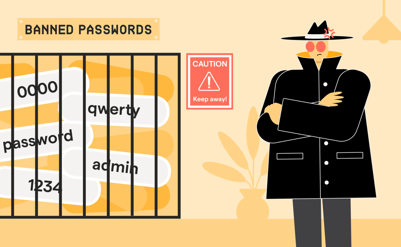 Illustration of password security showing banned passwords such as '0000' and 'qwerty' with a disappointed hacker observing.