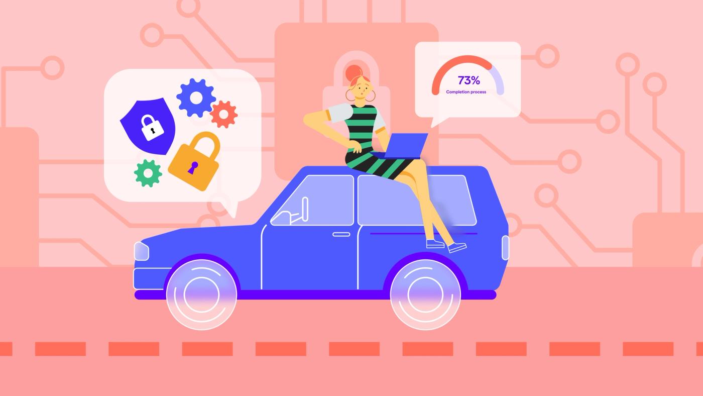 A professional seated on a car with security icons is working on TISAX training for compliance in the automotive industry.