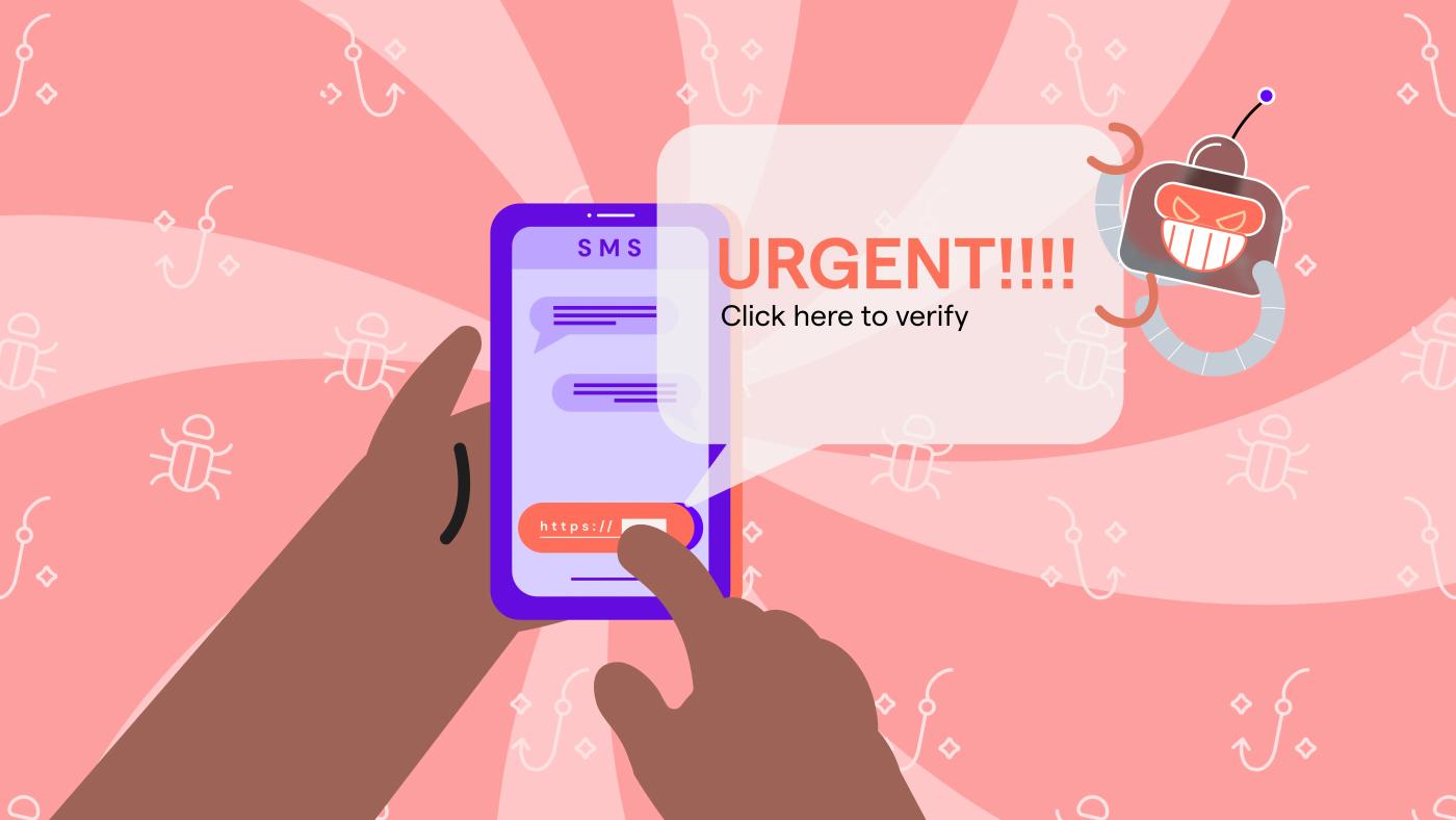 Person receives a fake urgent SMS with a malicious link, illustrating the danger of smishing attacks on mobile devices.