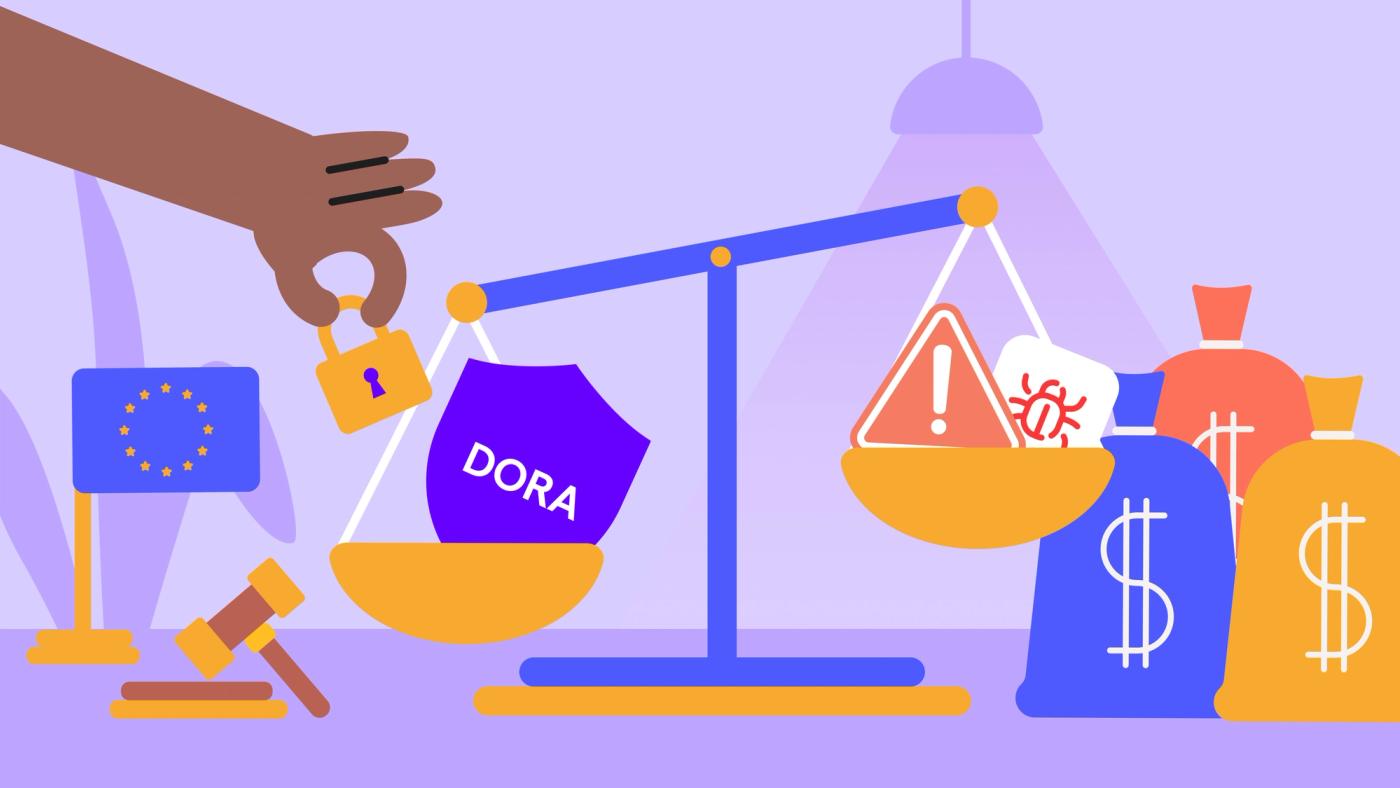 Drawing of DORA compliance training with a balanced scale and a lock outweighing risks like malware and financial losses.