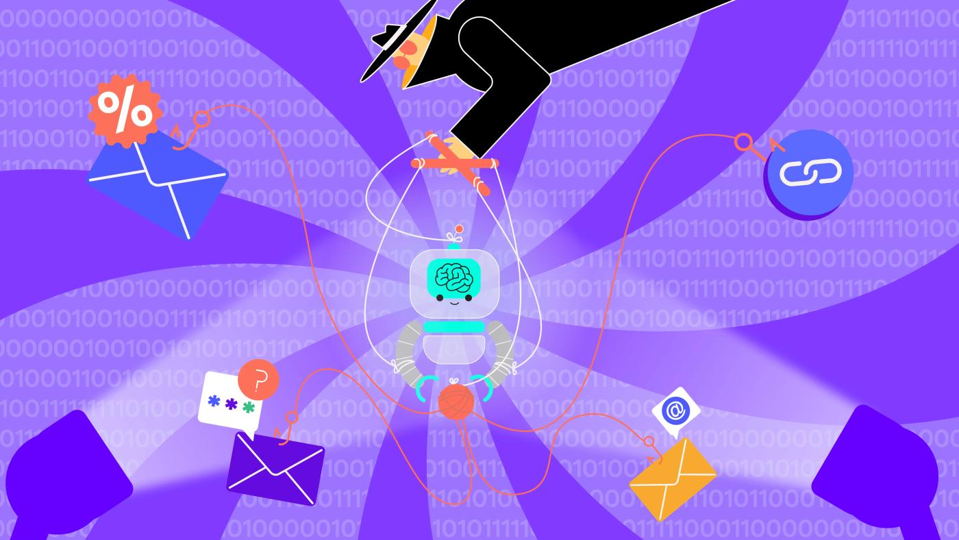 Hacker using an AI robot to send phishing emails, symbolizing the rise of AI phishing attacks and adaptable cyber deception.