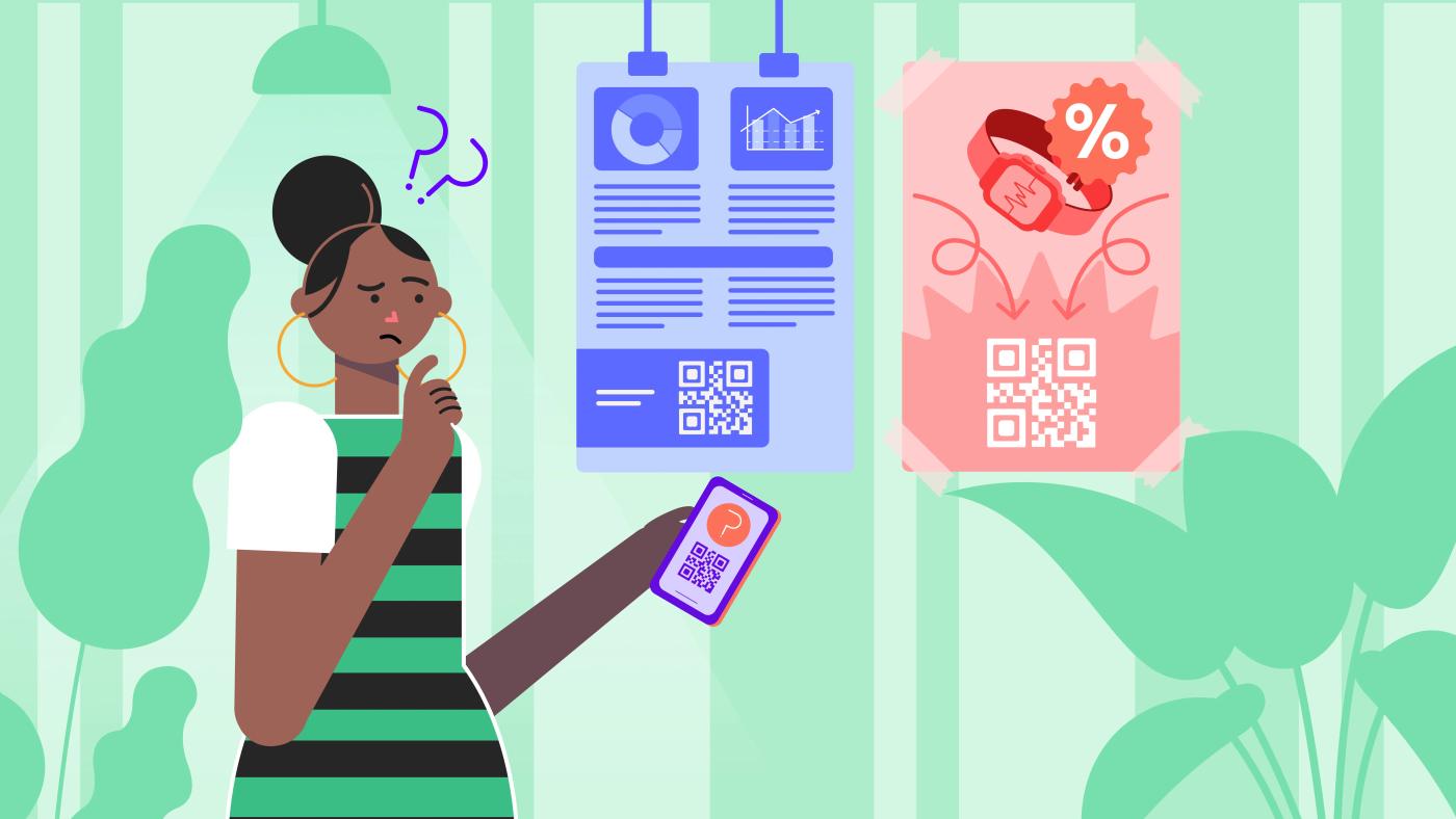 Person scans a QR code on phone while viewing posters with QR codes and discount symbols representing quishing attacks.
