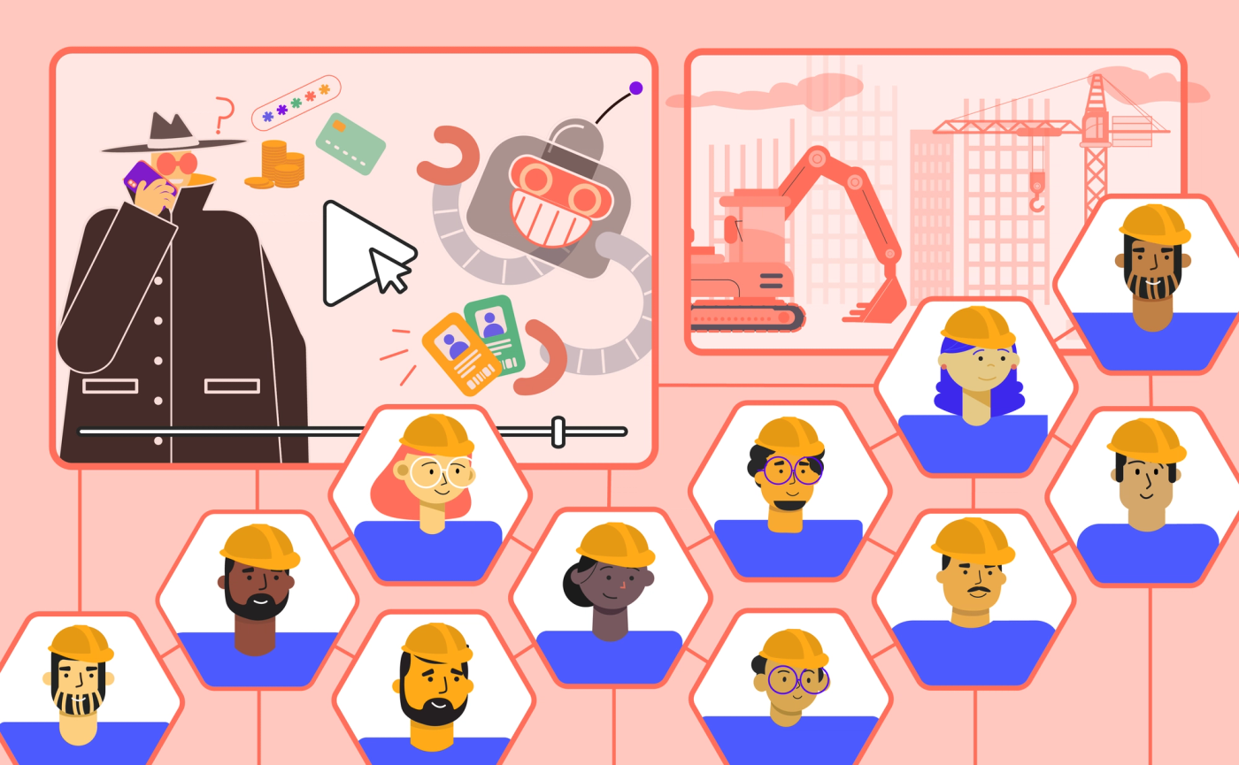 Illustration of the challenges of security awareness training for frontline workers targeted by a hacker and cyber threats.