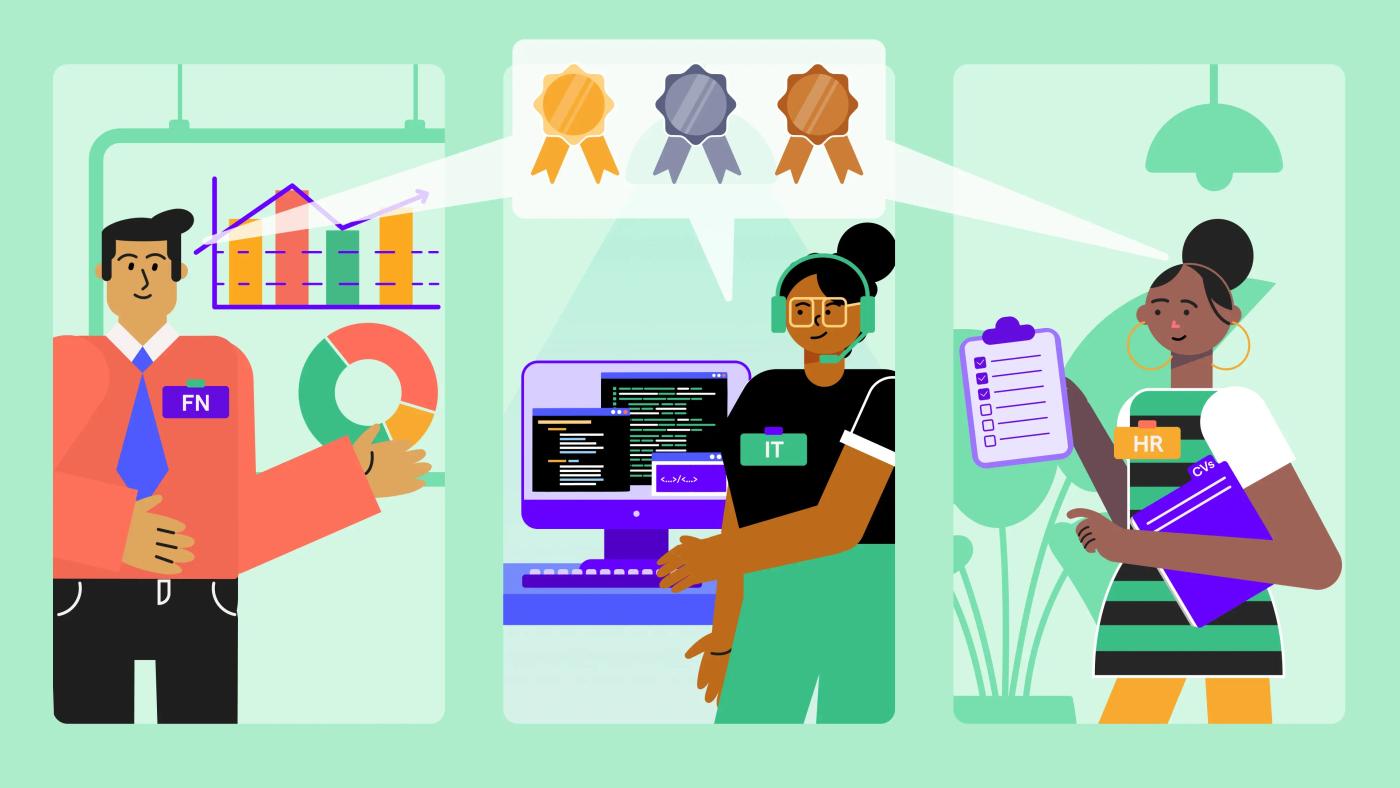 Illustration showing finance, IT, and HR professionals collaborating in a Security Champions Program, symbolizing cross-functional teamwork and recognition in cybersecurity culture.