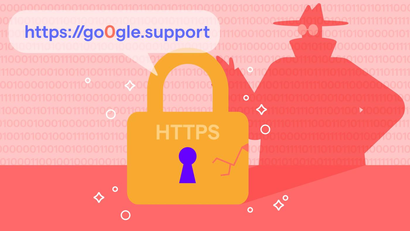 A fake HTTPS padlock and spoofed URL with a hidden hacker in the background, emphasizing the risks of trusting HTTPS blindly.