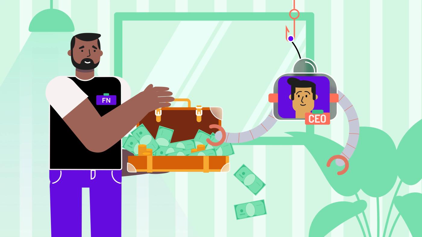 An employee unknowingly hands over cash to a deepfake posing as the CEO, showing the danger of AI-driven impersonation scams.
