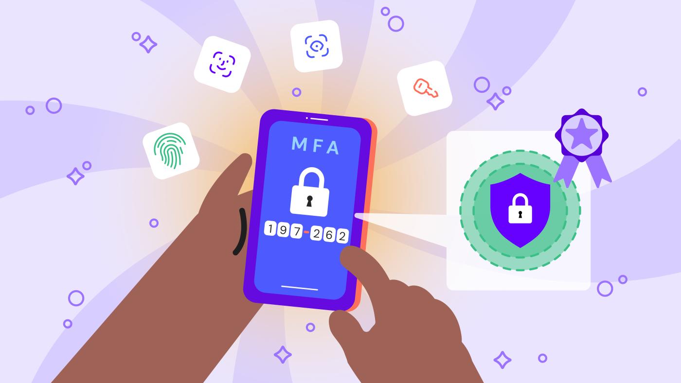 Illustration of enabling multi-factor authentication on a smartphone with biometric and security key options.