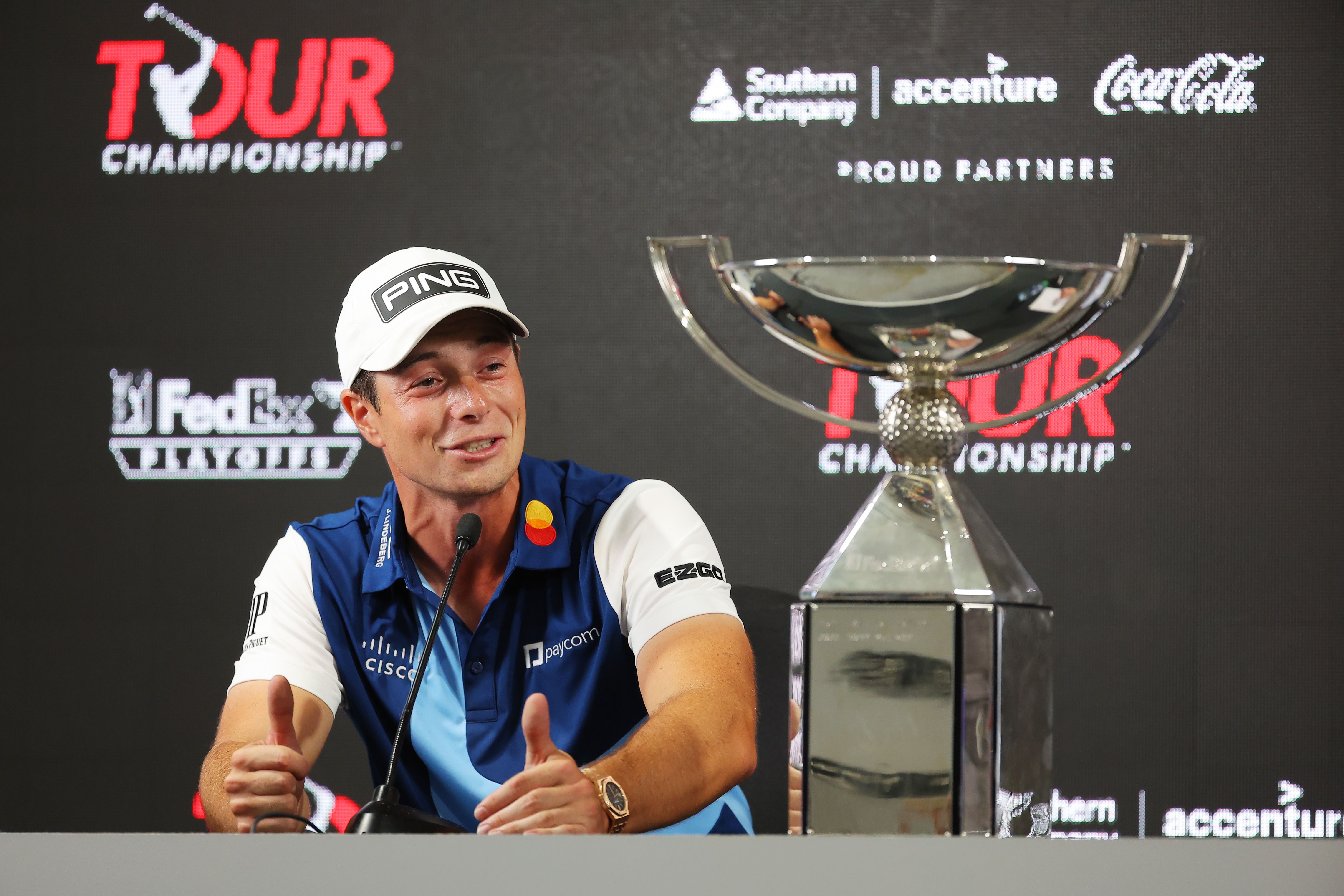 Viktor Hovland speaks with the media at his winner's press conference at the 2023 Tour Championship.