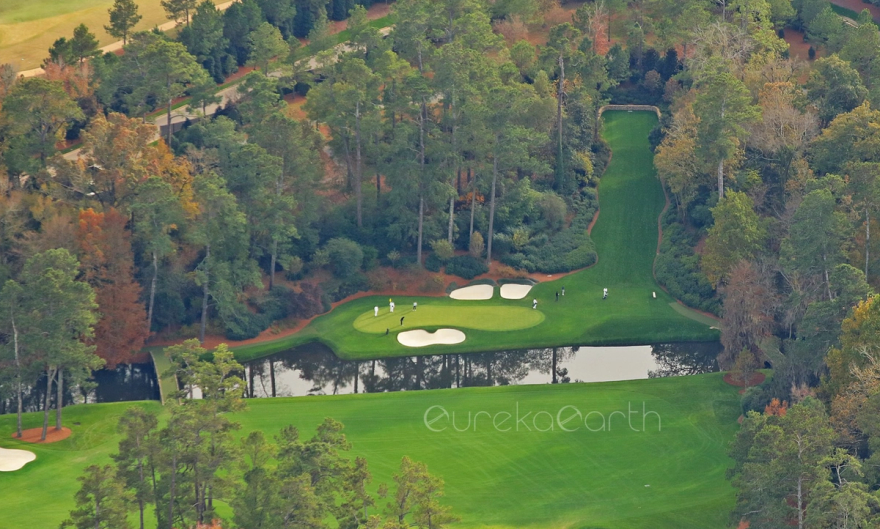 An aerial view of the lengthened 13th hole at Augusta National.