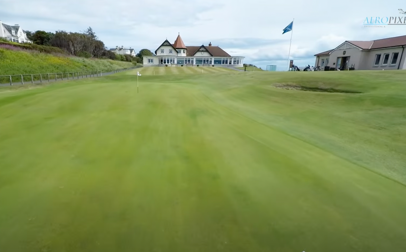 A view of the 18th green at Lundin Golf Club, with the "death bunker" perilously waiting to the right.