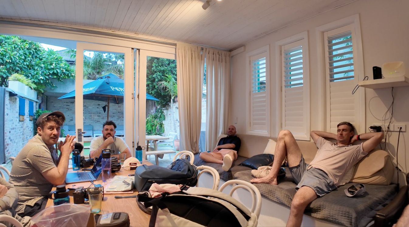 D.J. Pie, Cody, TC and Big Randy chilling in the Sydney Airbnb.