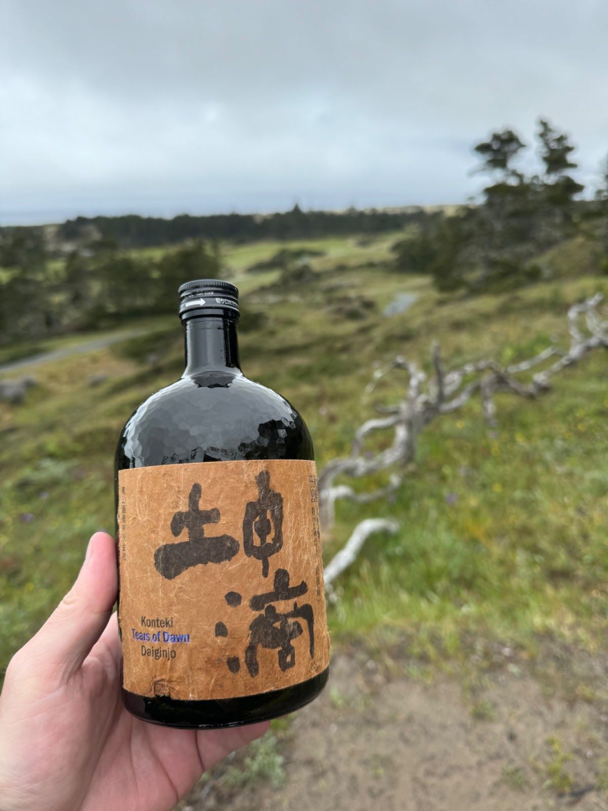 TC holds up some sake to Bandon Dunes in the background.