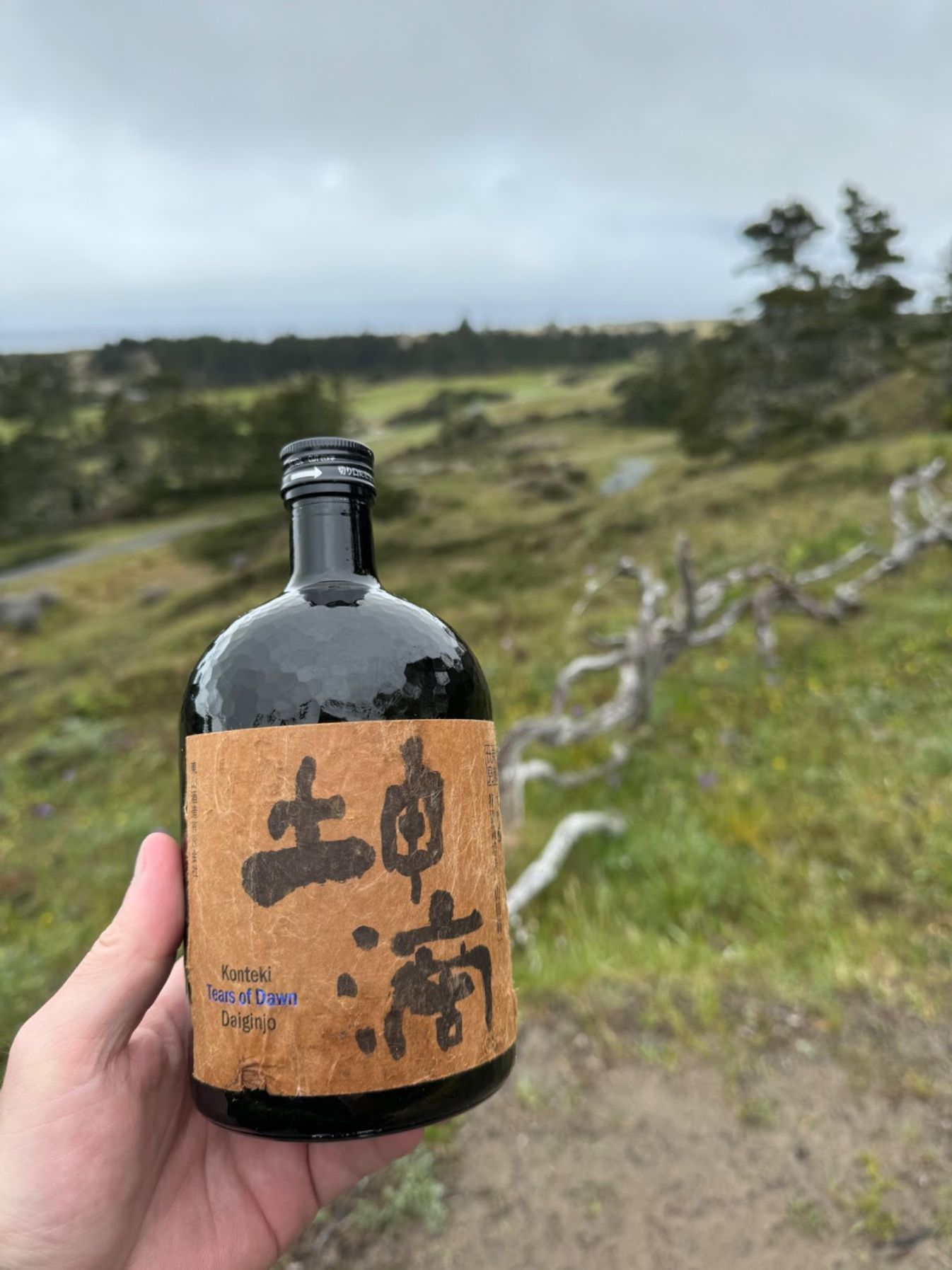 TC holds up some sake to Bandon Dunes in the background.