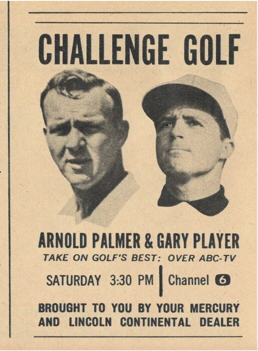An advertisement for a televised match between Arnold Palmer and Gary Player.
