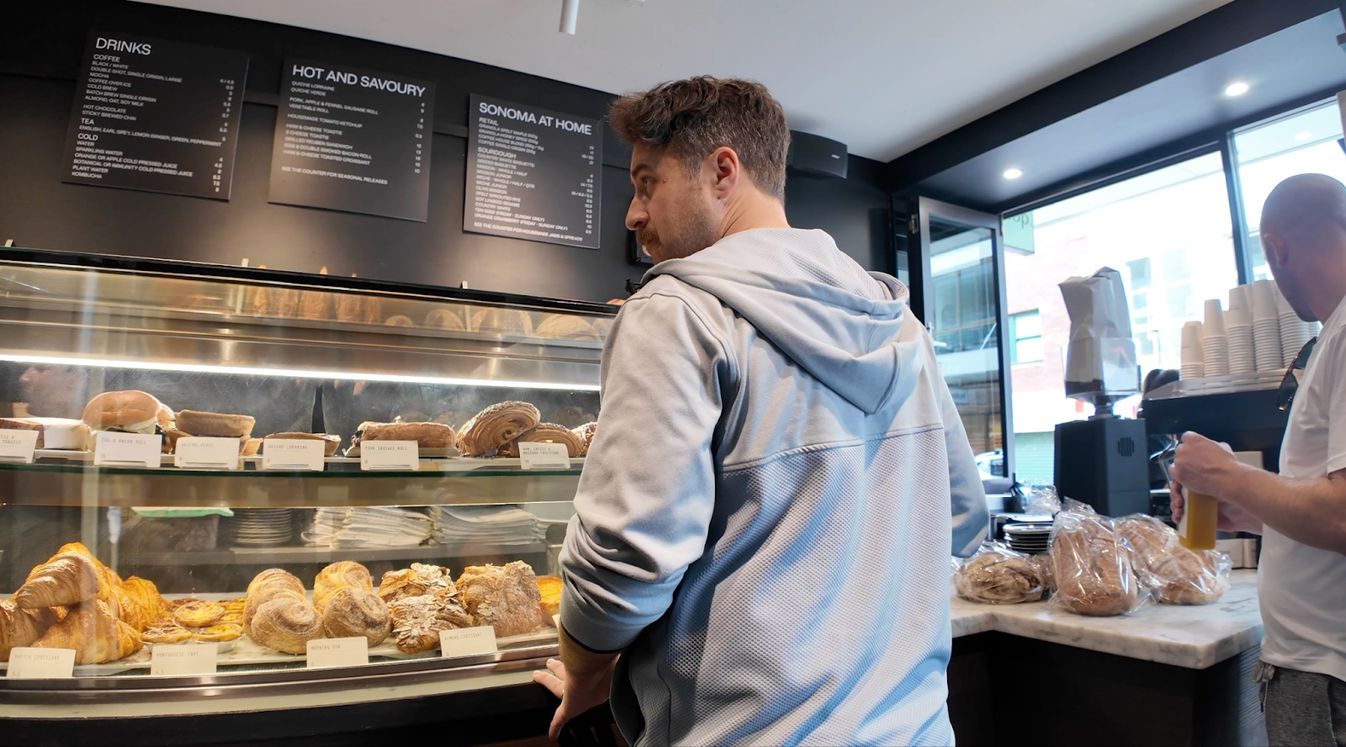 D.J. Pie peruses pastries at Sonoma Bakery.
