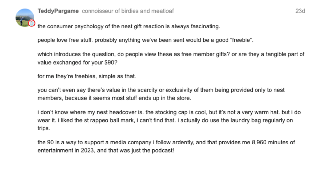 Nest member TeddyPargame comments on The Nest member gift.