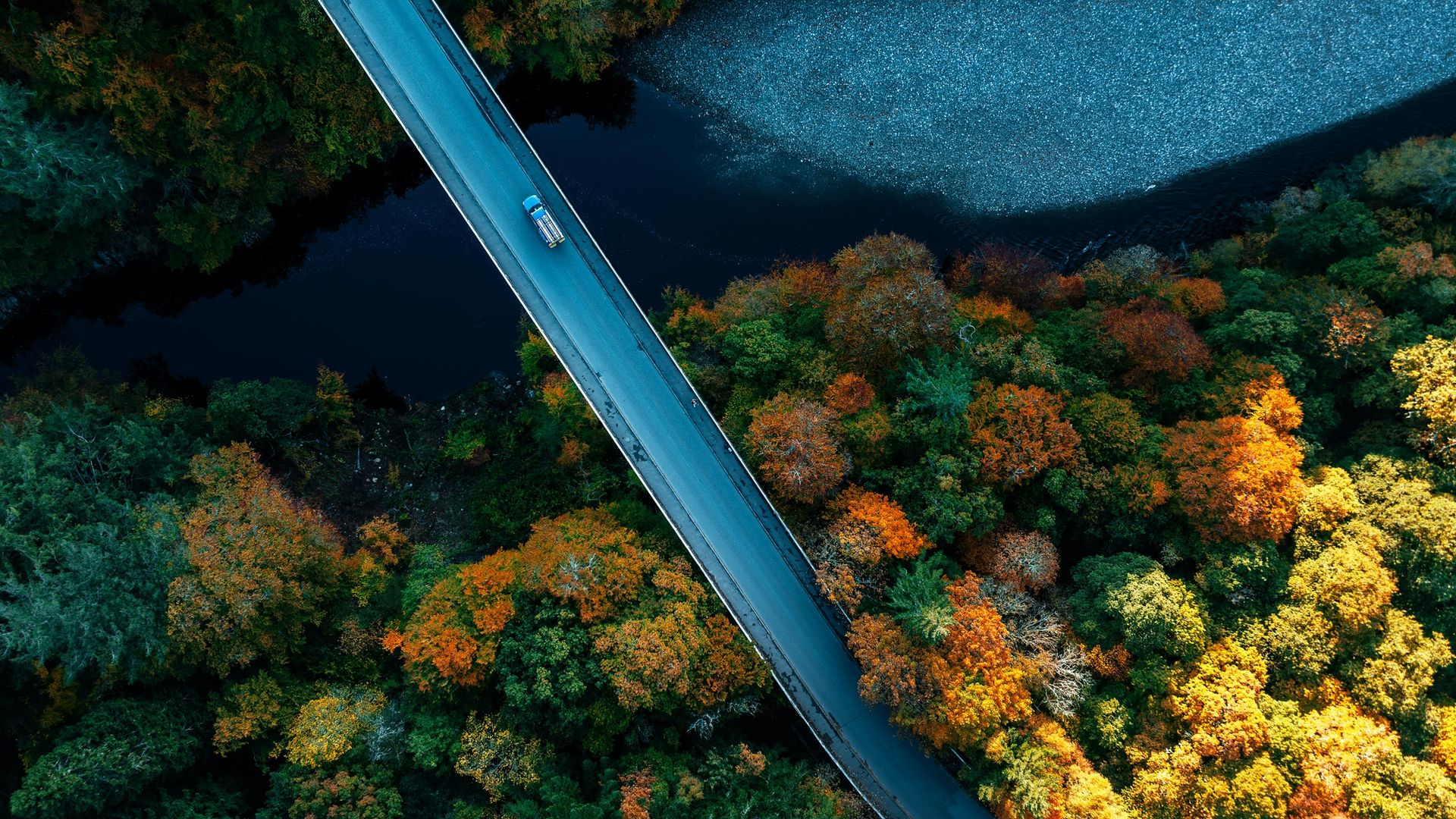 Vue aérienne d'un pont avec une route traversant une forêt