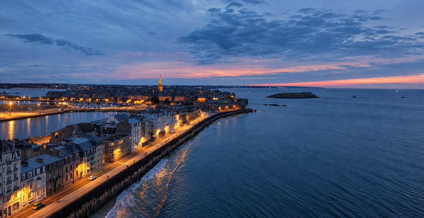 Vue aérienne de Saint-Malo et de la mer au crépuscule