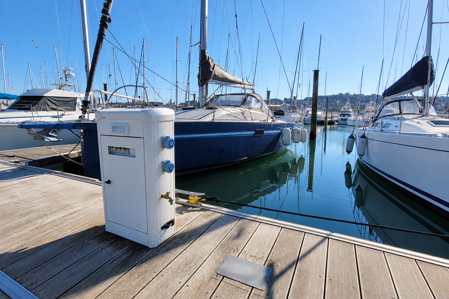 Borne connectée sur la jetée d'un port en bord de mer où sont amarrés des bateaux