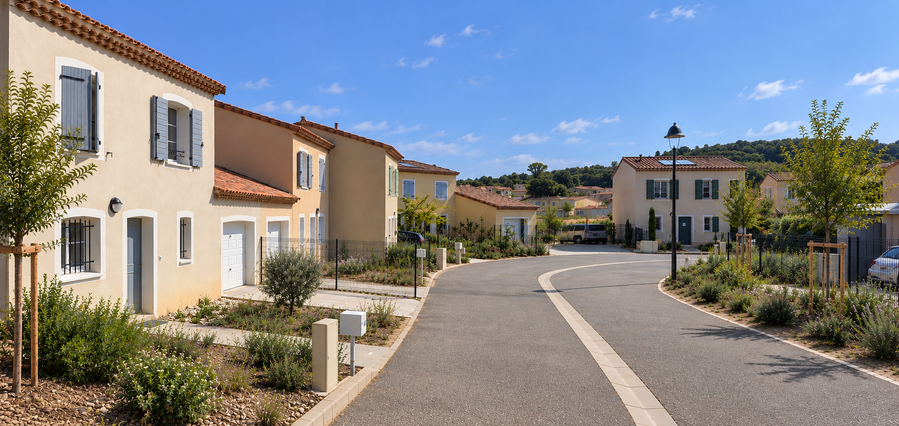Plusieurs maisons le long d'une rue dans un quartier résidentiel avec des coffrets électriques