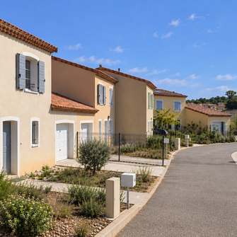 Plusieurs maisons le long d'une rue dans un quartier résidentiel avec des coffrets électriques