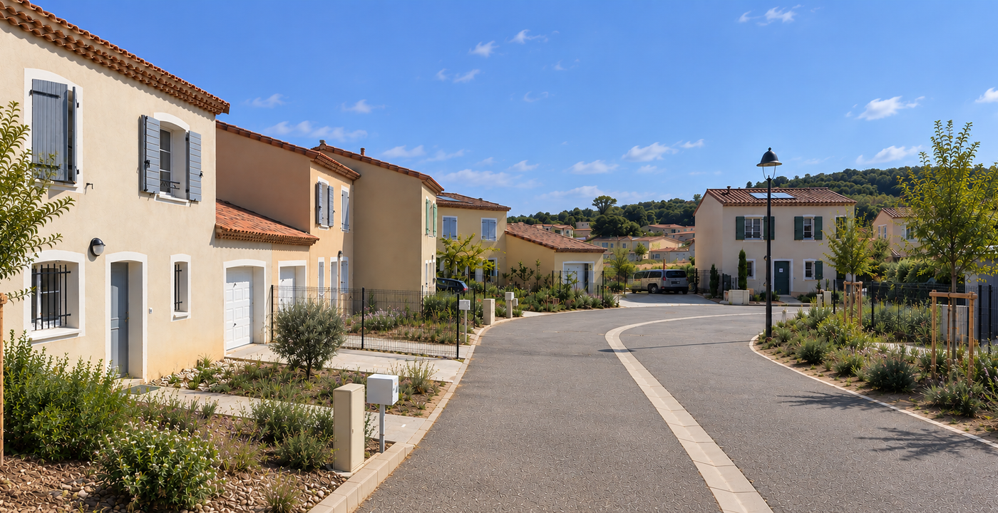 Plusieurs maisons le long d'une rue dans un quartier résidentiel avec des coffrets électriques