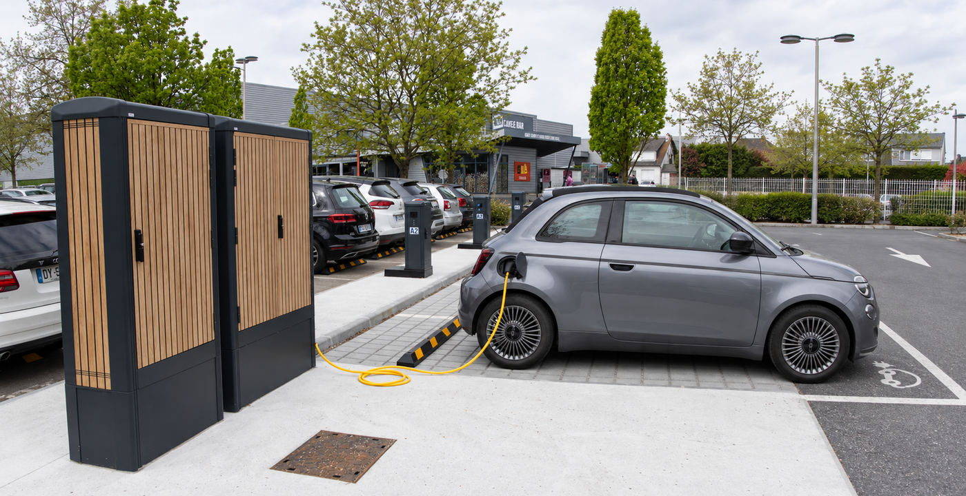 Véhicule électrique branché à une borne de recharge sur un parking