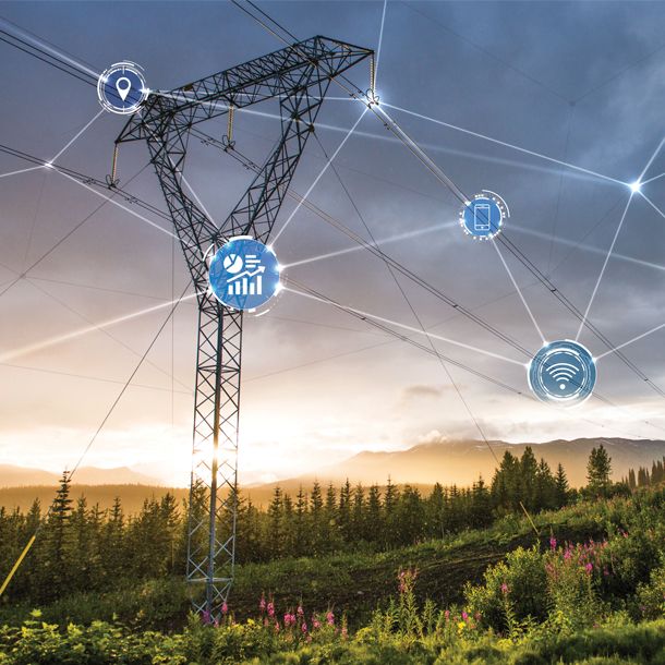 Pylône électrique dans la nature avec des icônes interconnectés par des lignes blanches