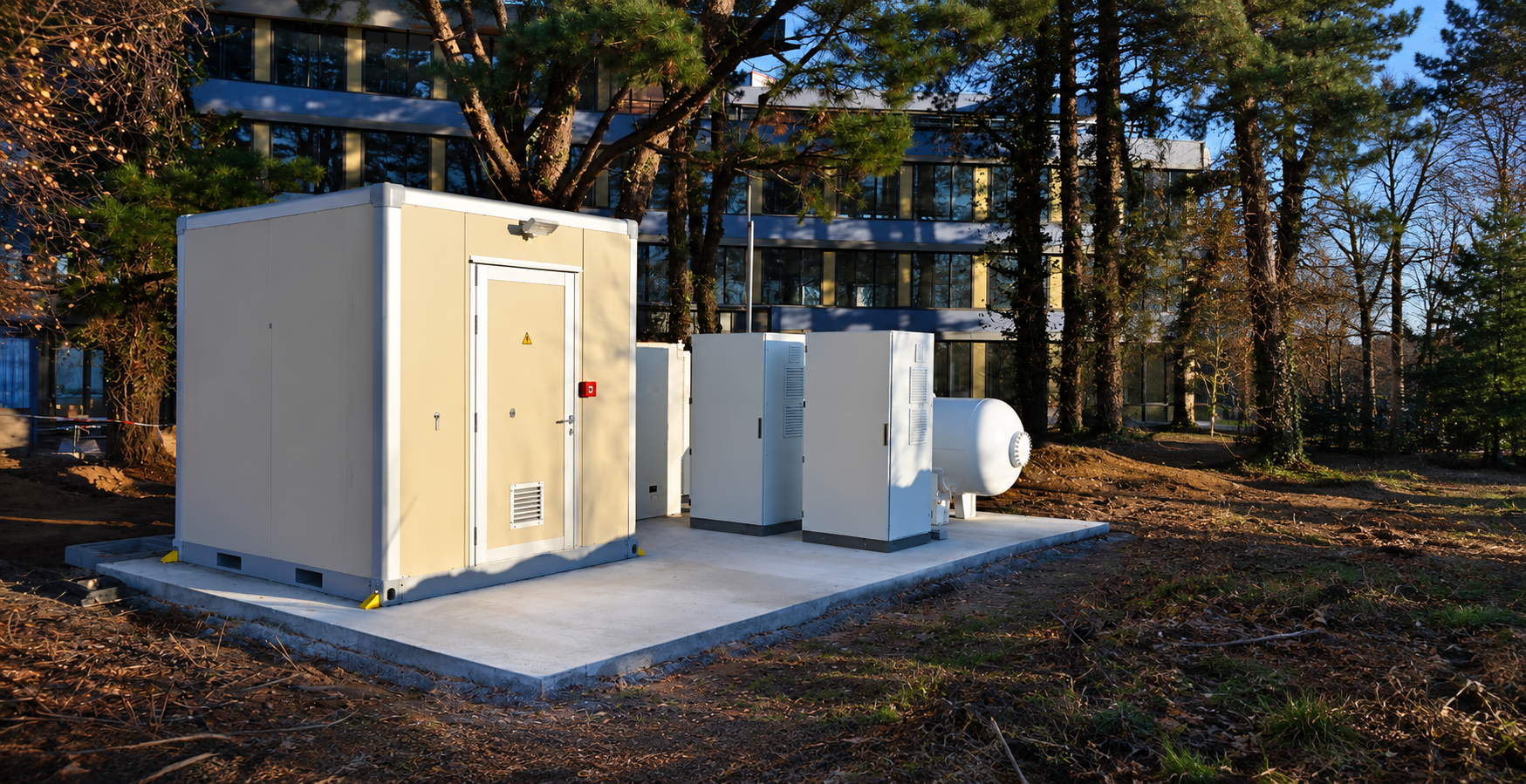 Shelter sur une plateforme en béton avec d'autres coffrets électriques et entouré d'arbres