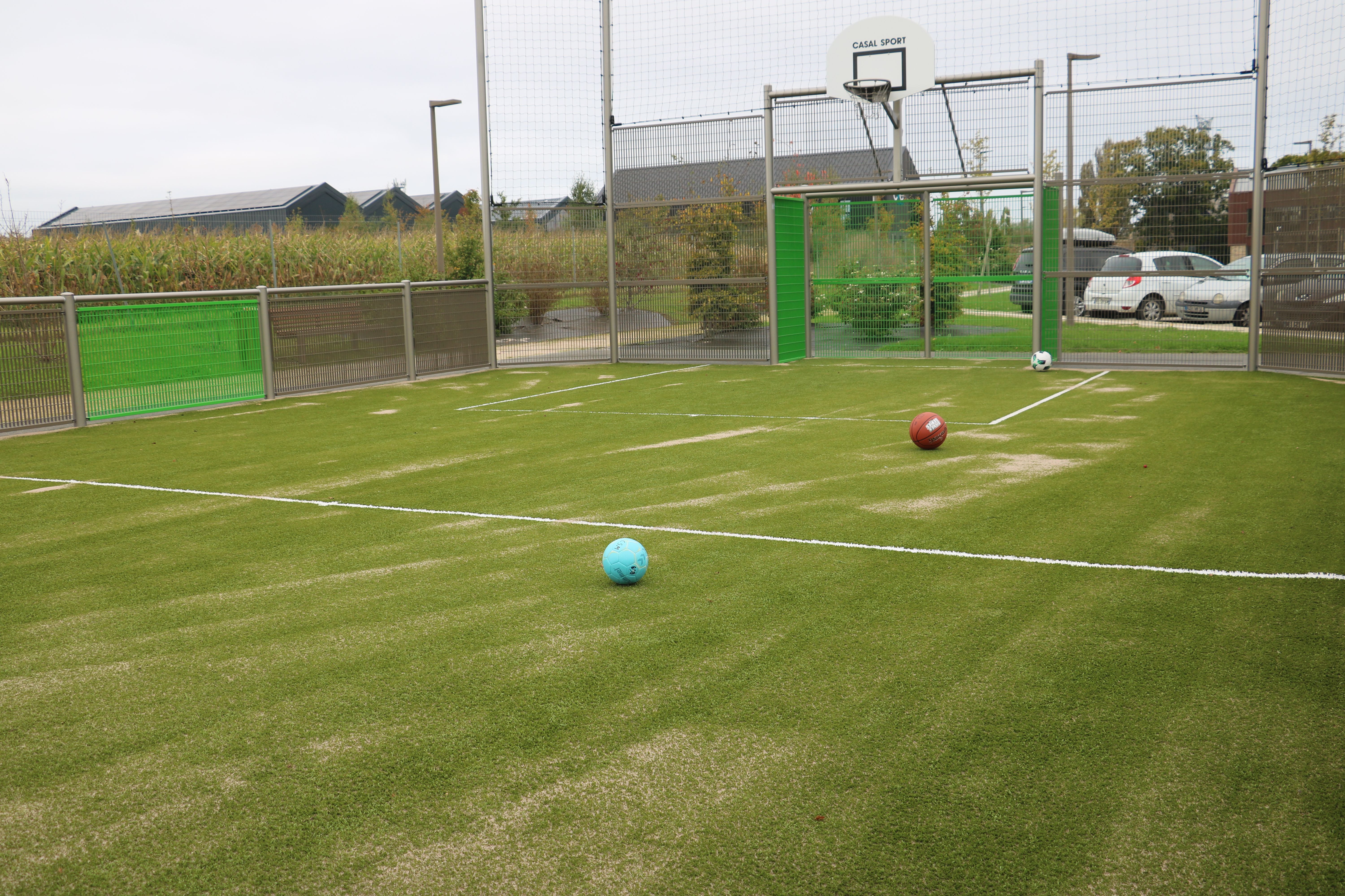 Terrain de sport avec deux ballons sur la pelouse 