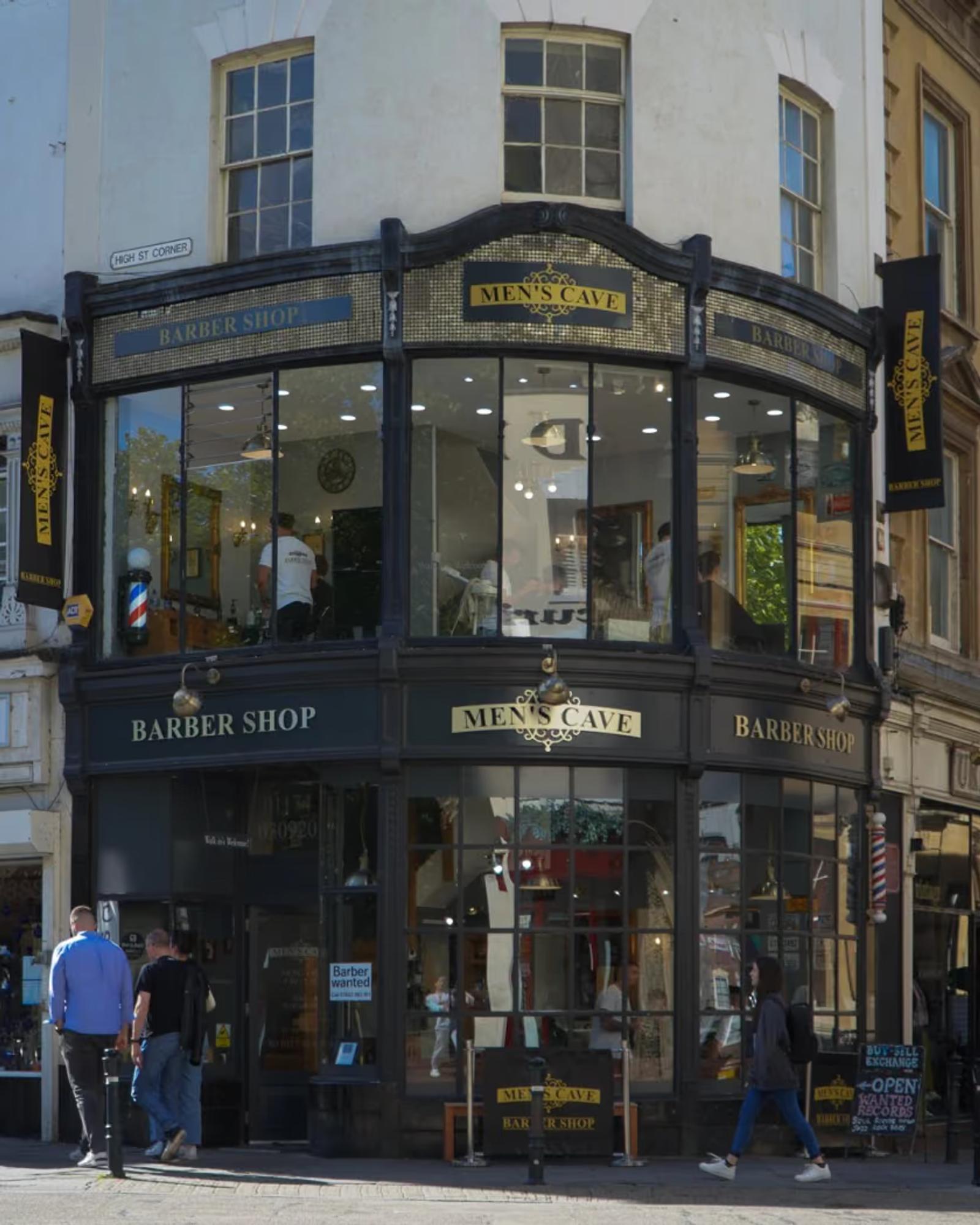 The Men's Cave Barbers shopfront on High Street, Bristol