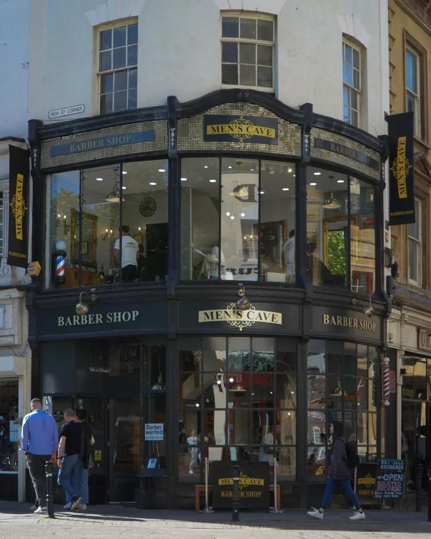 The Men's Cave Barbers shopfront on High Street, Bristol