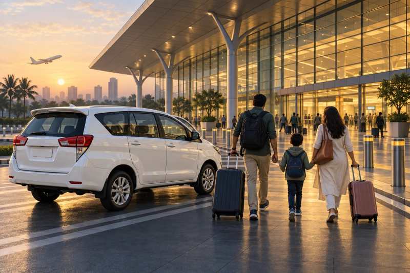 Illustration: Family with suitcases beside a white MPV at an airport