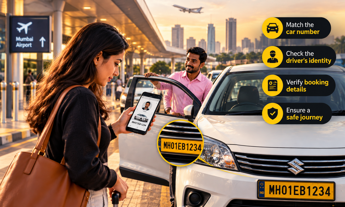 Woman verifying cab driver identity, vehicle registration number and booking details before entering a taxi at Mumbai Airport, Maharashtra.