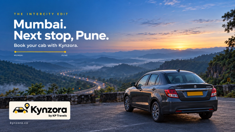 Charcoal sedan overlooking a scenic highway through the Western Ghats at dawn, with Mumbai to Pune cab booking text and Kynzora by KP Travels branding.