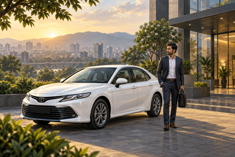 Illustration: Traveller beside a white sedan outside an office building