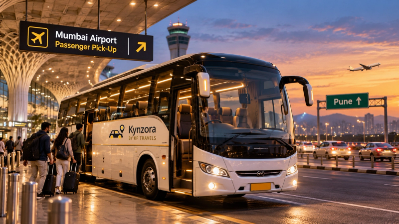 Passengers with luggage boarding a luxury AC bus at Mumbai Airport for Pune during sunset, with the airport terminal and Pune route sign in the background.