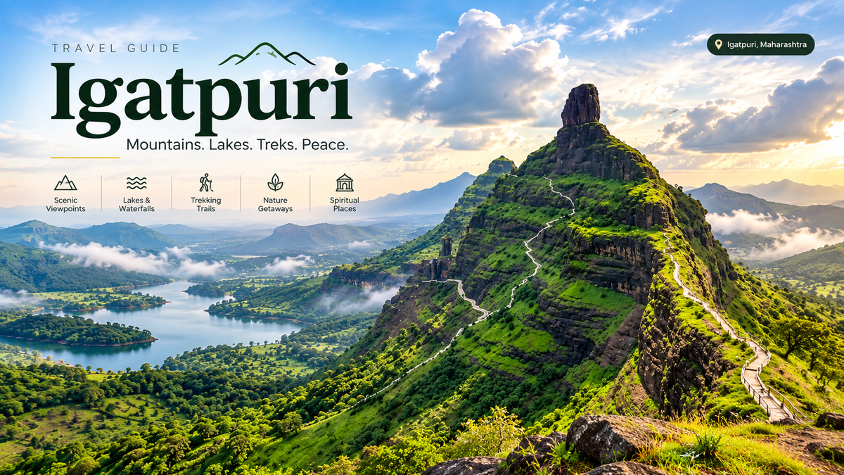 Aerial view of a lush green mountain peak with winding trekking trails, surrounded by scenic valleys and cloudy skies in the Sahyadri mountains of Maharashtra.