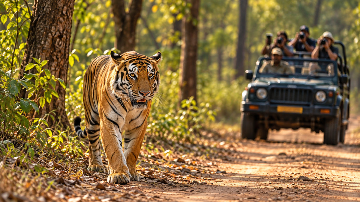 Bengal tiger walking through a forest during a Maharashtra wildlife safari, with tourists enjoying a jungle safari jeep experience.