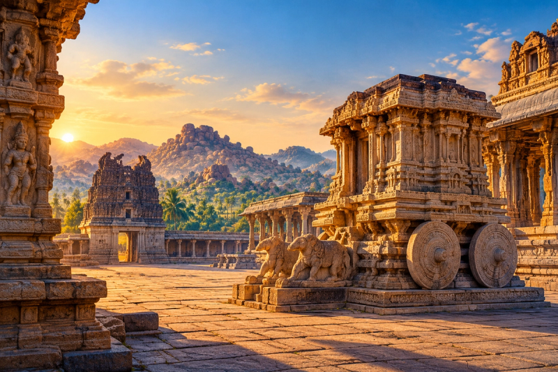 AI illustration of a Hampi-inspired stone chariot in a temple courtyard at sunrise, with granite hills beyond.
