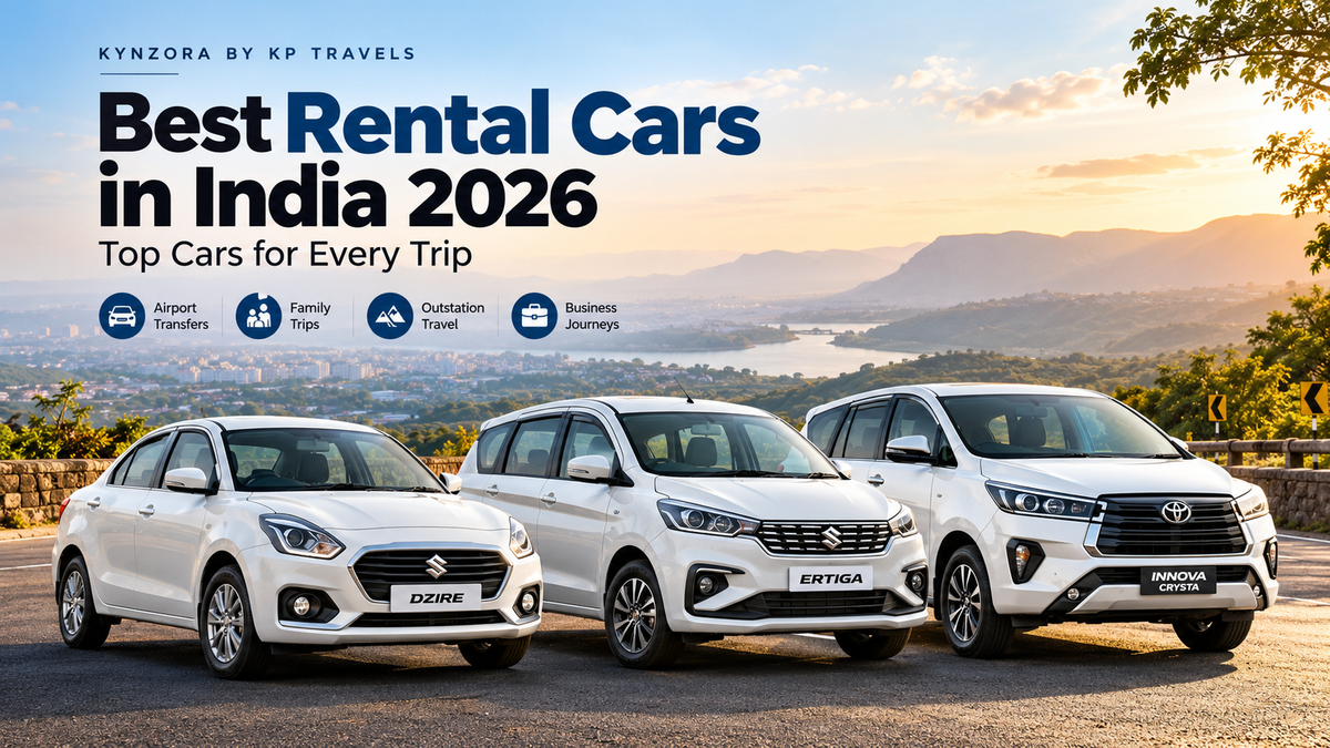 White Maruti Suzuki Dzire, Ertiga and Toyota Innova Crysta rental cars on a scenic Maharashtra road, showcasing the best rental cars in India for 2026.