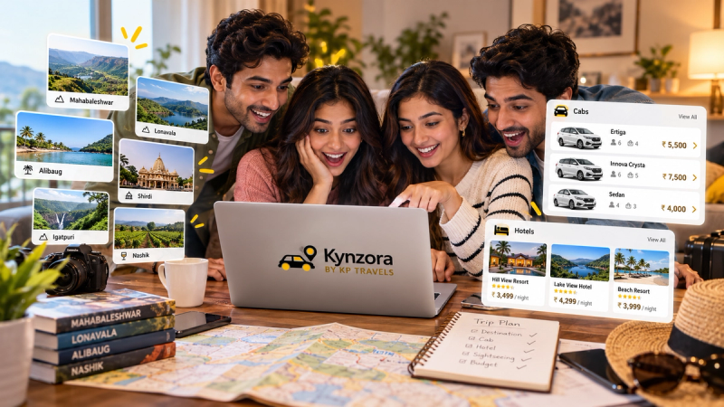 Four excited friends exploring affordable holiday destinations, cab bookings, hotel stays and tour packages together on a laptop using an all-in-one travel booking platform.