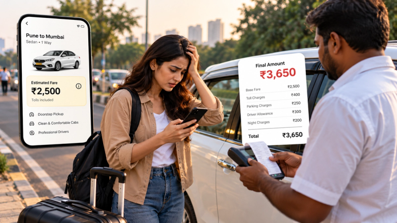 Frustrated traveller checking unexpected cab charges while paying a driver on a roadside in India, with the quoted fare of ₹2,500 increasing to ₹3,650 due to hidden fees.