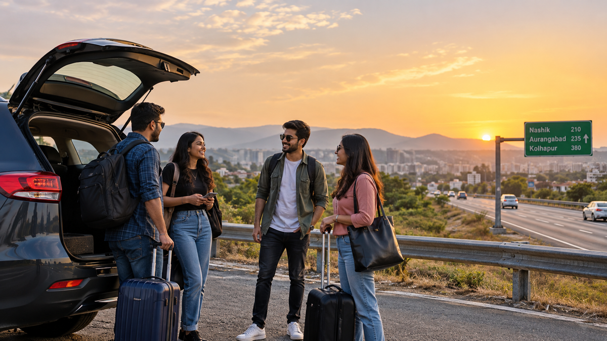 Four travellers with luggage standing beside a shared SUV cab on a highway near Pune, preparing for an intercity journey across Maharashtra at sunset.