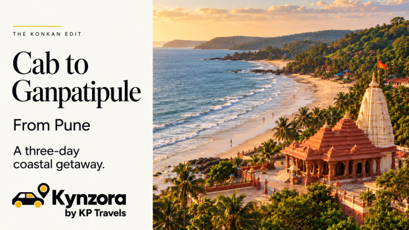 Illustrated Ganpatipule temple beside a sandy beach, with Pune cab getaway text and Kynzora by KP Travels branding.