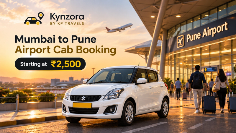 White Maruti Suzuki Swift cab outside Pune Airport at sunset, promoting Mumbai to Pune Airport cab bookings starting at ₹2,500 with Kynzora by KP Travels.