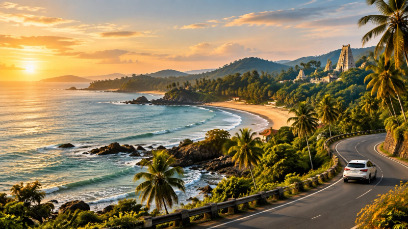 Illustrative coastal Karnataka road beside a palm-lined beach at sunset, with a white travel vehicle.
